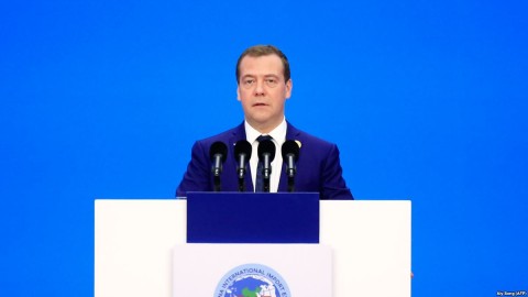 Russian Prime Minister Dmitry Medvedev speaks at the first China International Import Expo in Shanghai on November 5. Photo: Aly Song / AFP