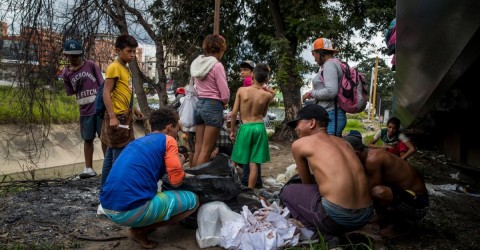 A group of kids searching for food in garbage bags they obtained from a bakery