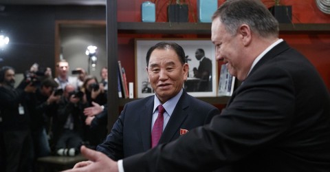 Secretary of State Mike Pompeo and Kim Yong Chol, a North Korean senior ruling-party official and former intelligence chief, at the Dupont Circle Hotel. Photo: Carolyn Kaster/AP