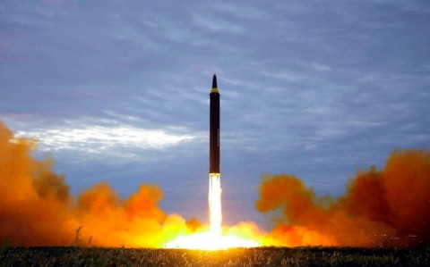 The test launch of a Hwasong-12 intermediate-range missile in Pyongyang Photo: AP