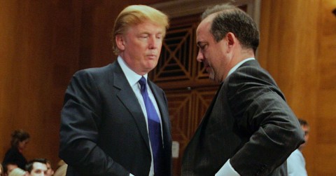 Donald Trump, then president of the Trump Organization, talks to Christopher Burnham, undersecretary general of the U.N. Department of Management, after Trump testified before a Senate Homeland Security and Governmental Affairs subcommittee on July 21, 2005. Photo: Joe Raedle via Getty Images