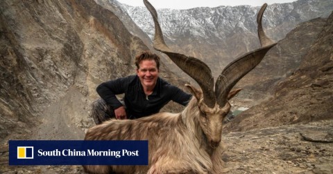一名被認定為Bryan Kinsel Harlan的獵人在巴基斯坦以他的殺戮（一種罕見的野生Astore捻角山）姿勢出現。