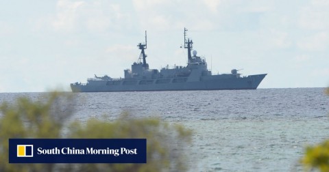 A Philippine navy frigate anchored near Thitu Island. Photo: AFP