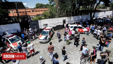 People gathered outside the school in Suzano after the shooting