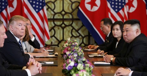 Kim Jong Un and Donald Trump look on during the extended bilateral meeting at the North Korea–U.S. summit in Hanoi, Vietnam, on February 28. Photo: Leah Millis / Reuters