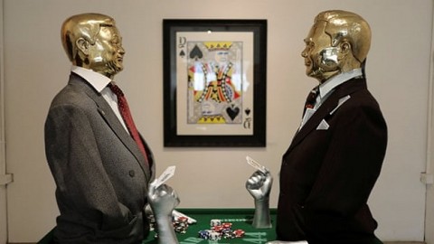 A Headache Stencil artwork depicts the former PM Thaksin Shinawatra and the incumbent, Prayut Chan-o-cha, playing poker