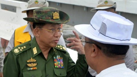 Myanmar military chief Senior General Min Aung Hlaing, seen here inspecting a bridge in August 2018, is facing calls from US senators to face punishment over the campaign against the Rohingya minority