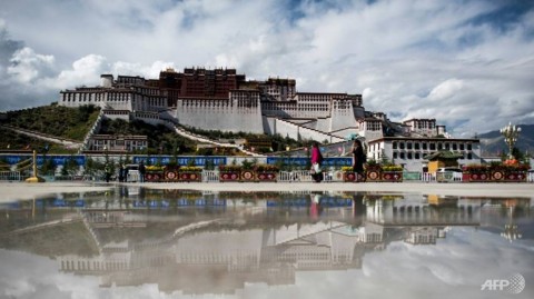 提出走在布達拉宮前面的遊人照片在西藏首都拉薩。