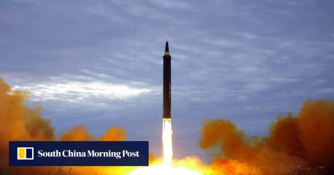 An August 29, 2017 file photo shows what was said to be the test launch of a Hwasong-12 intermediate range missile.