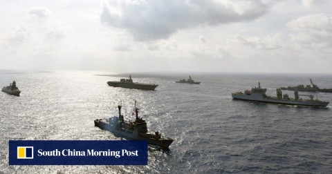 Ships from four nations – the Philippines, US, Japan and India – sail together in the South China Sea.