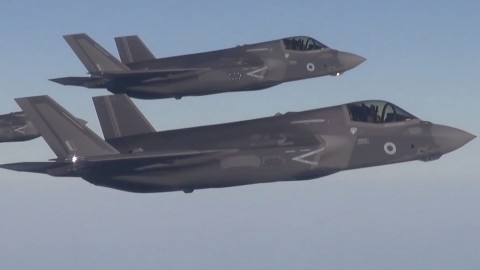 F-35B Lightning stealth fighter jets land at RAF Marham.