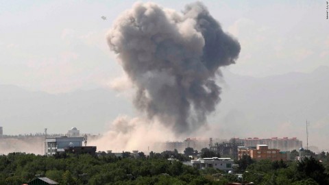 Smokes rises after an explosion in Kabul on Monday.