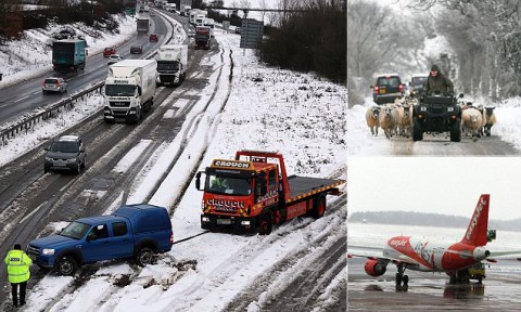 英國溫度低至-5℃，大雪4英吋，導致高速公路封閉，機場遭受嚴重的延誤， 24,000人受困機場。