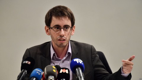 Quentin Guillemain, president of the victim's association of the Lactalis baby milk products contaminated with Salmonella gives a press conference in Paris January 12, 2018.