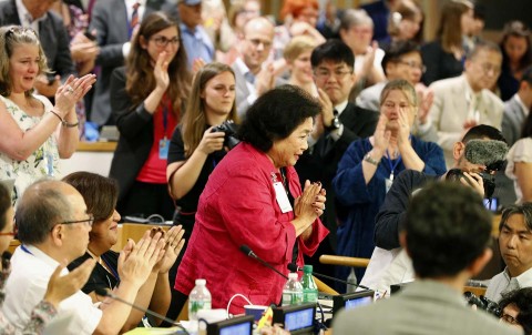 Setsuko Thurlow, a Hiroshima atomic bomb survivor, at the UN headquarters in New York after a treaty banning nuclear weapons was adopted, July 2017. (Kyodo via AP Images)