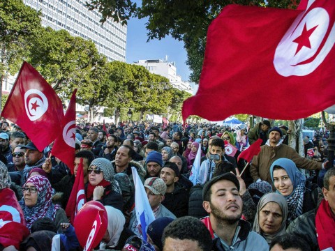 A rally in Tunis to mark seven years since the Jasmine Revolution – but beneath the surface anger is brewing in Tunisian society. Photo: Hasten Dridi/AP