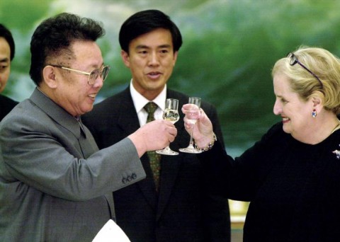 Then–North Korean Leader Kim Jong-il toasts then–Secretary of State Madeleine Albright at a dinner in Pyongyang on Oct. 24, 2000. Photo: Stringer/Reuters