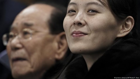 Kim Yo-jong and Kim Yong-nam, North Korea’s nominal head of state, wait for the start of an ice hockey game between Switzerland and the combined Koreas at the 2018 Winter Olympics. Photo: F. Dana / AP