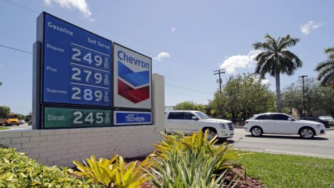 This May 3, 2017, photo shows a sign with gas prices at a Chevron station in Miami, Florida. Photo: AP