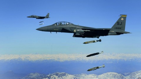 US Air Force F-15E Strike Eagle aircraft from the 335th Fighter Squadron drop 2,000-pound joint direct attack munitions on a cave in eastern Afghanistan, Nov. 26, 2009. File photo