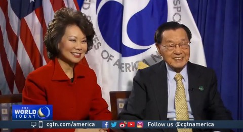 “She needs to be careful when she appears that, say, the seal of the Department of Transportation doesn’t appear on the screen,” said one expert about Elaine Chao’s media appearances with her father, James. Image: POLITICO screenshot