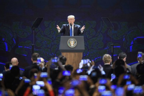 US President Donald Trump speaks at the APEC CEO Summit, part of the broader APEC leaders' summit, in Danang, Vietnam, on Nov. 10, laying out his broad vision for preserving peace and prosperity across the Indo-Pacific region. Photo: AP