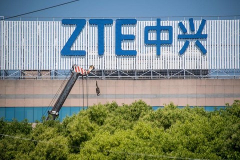 This picture taken on May 3, 2018 shows the ZTE logo on an office building in Shanghai. Photo: Johannes Eisele/Getty Images
