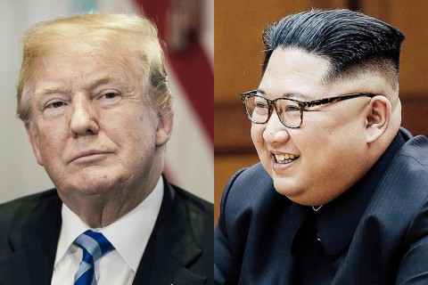 US President Donald Trump and North Korean leader Kim Jong-un. Illustration by Slate from photos by JIM WATSON/AFP/Getty Images, South Korean Presidential Blue House via Getty Images.