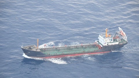 This May 19, 2018, photo released by Japan’s Ministry of Defense shows North Korean-flagged tanker Ji Song 6 in the East China Sea.